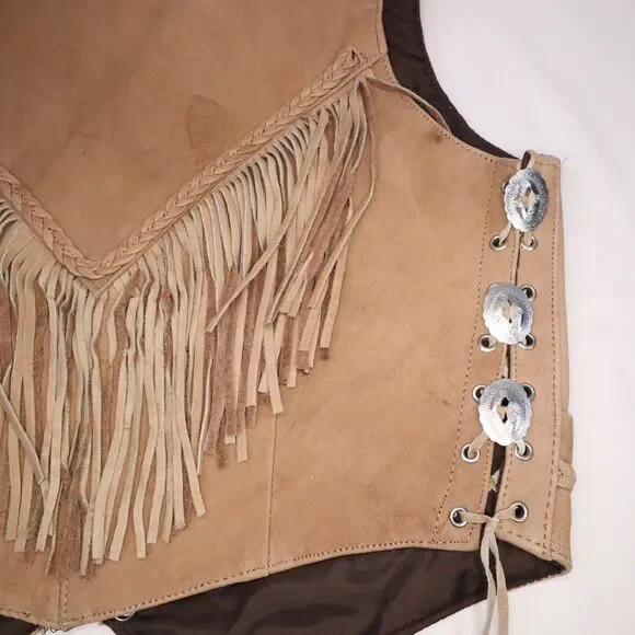 Unik Tan Leather Fringed Vest Size XXL Women's New Gauchos - Picture 11 of 16